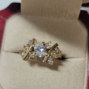 Gold Tone Cubic Zirconia Cluster Ring with Clear Center Stone